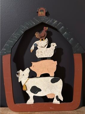 Vintage Wooden Farm Animal Wall Decor Barn Scene Folk Art Cow Pig Chicken Sheep